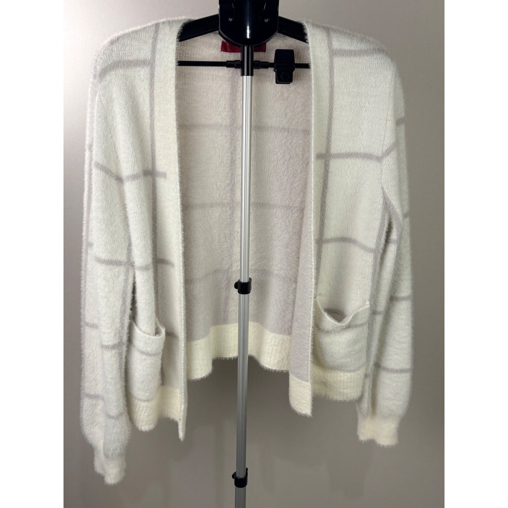 Love Scarlett Womens Windowpane Plaid Eyelash Knit Cardigan Sweater Cream Grey L
